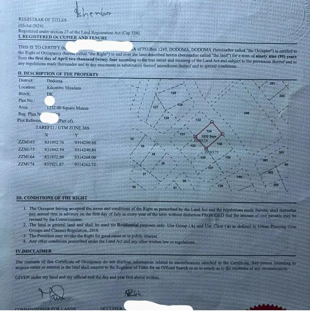 KIWANJA KINAUZWA -DODOMA, KIKOMBO MNADANI BLOCK DE (SQM 1,232) NIPIGIE 0718 926951